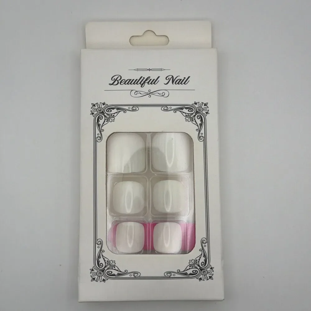 24PC White Press On Toenails Square Fake Toe Nails Pedicure Glossy Nail Tips